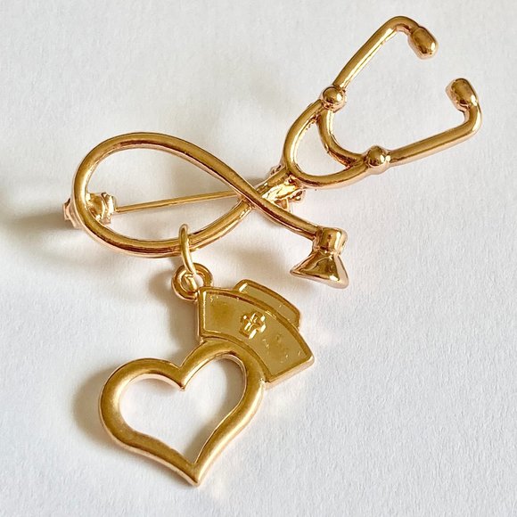 Nursing Cap Stethoscope Pin Brooch Graduation Gift Rose Gold Plated - Picture 1 of 7